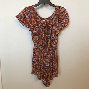 Orange and blue floral off the shoulder romper